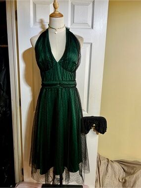 New Retro Stage Wms Green Black Mesh Overlay Swiss Dot 50s Retro Pinup Dress LXL